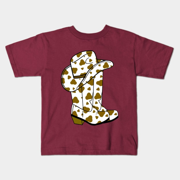 BROWN Cow Spots Cowboy Boots And Hat Kids T-Shirt by SartorisArt1